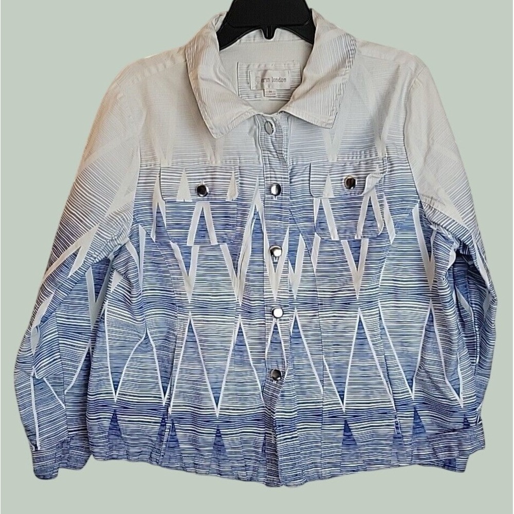 Erin London Jacket Art to Wear Geometric Boho Coastal Grandma Blue White 1X